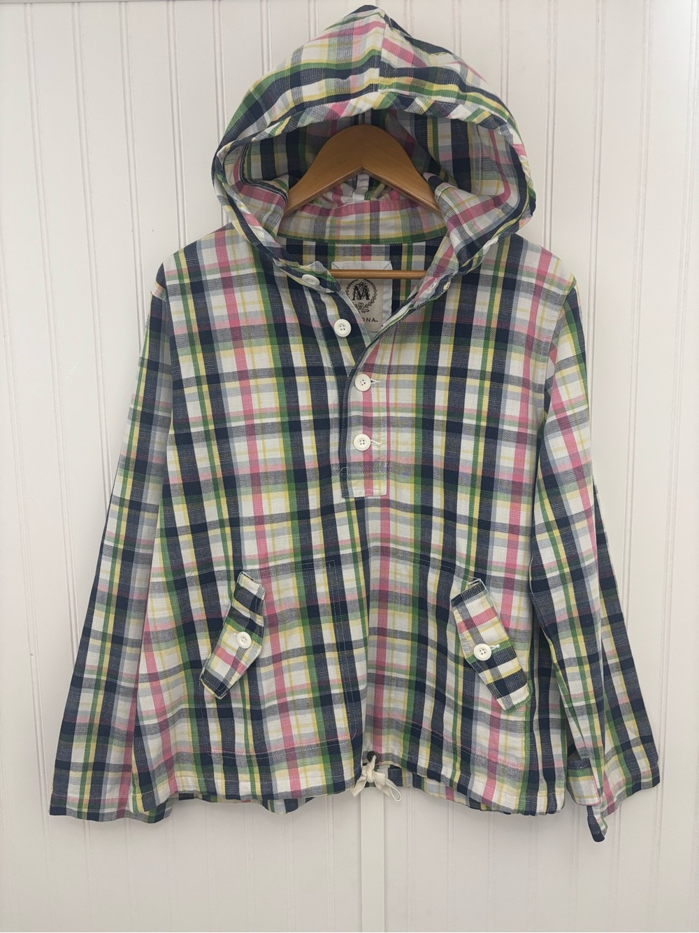 Merona Plaid Hooded Pullover Cotton Jacket Women’s Large Pink Green Navy Preppy